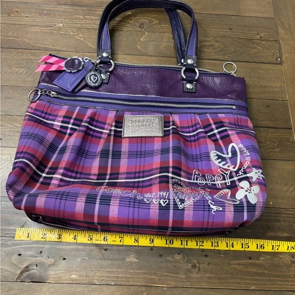 Coach Poppy Tartan Plaid Glam Tote Bag - Picture 11 of 15